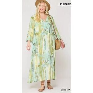 GiGio Plus Watercolor Printed Maxi Dress Lace Up V Neck Size XL Beachy Vacation